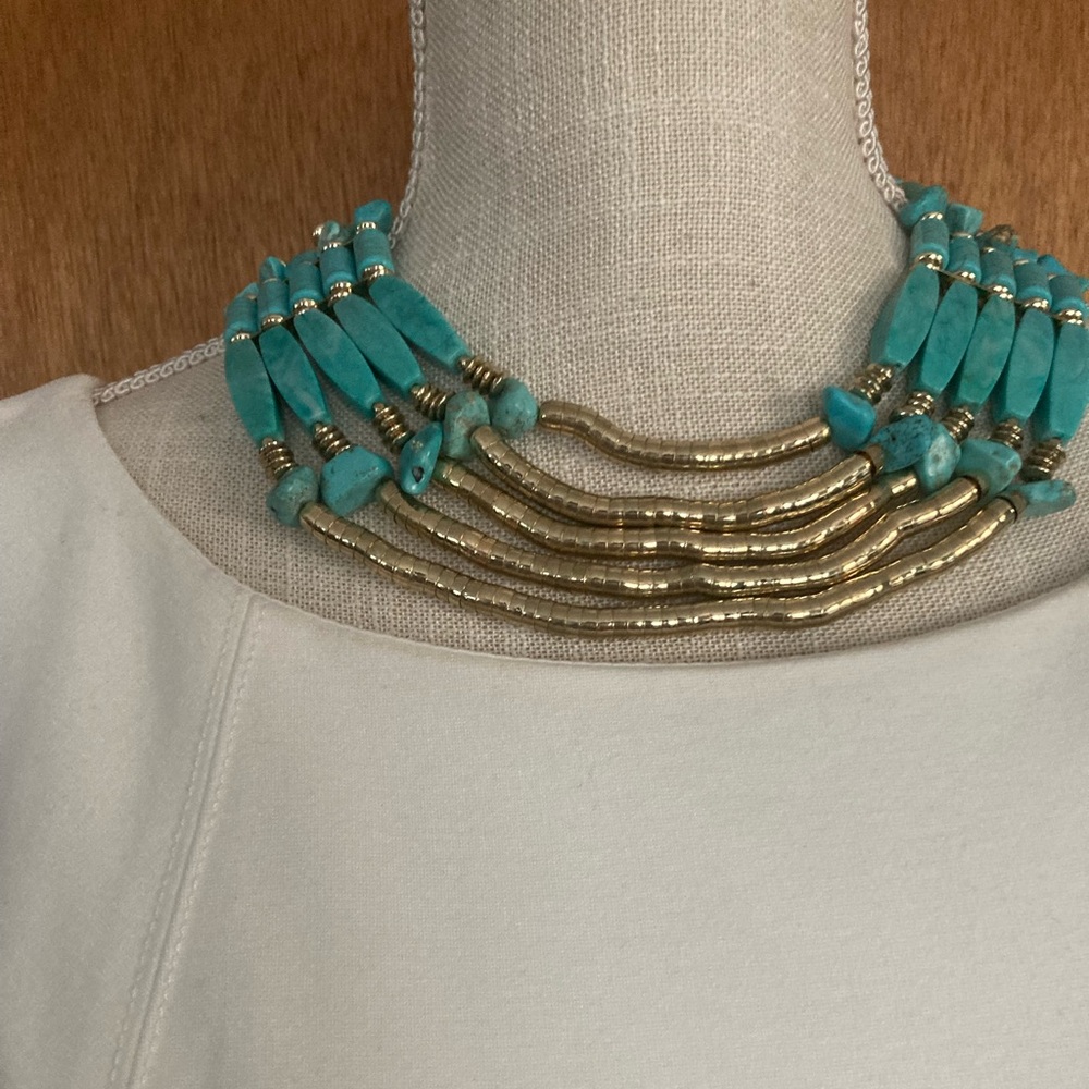 Chico’s Turquoise & Gold Statement Bib Necklace - Women Jewelry - Picture 4 of 5